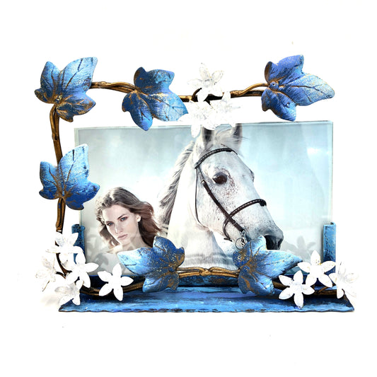 Horizontal blue photo frame with little flowers