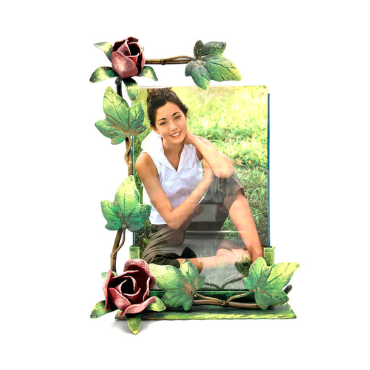 Green vertical photo frame with roses